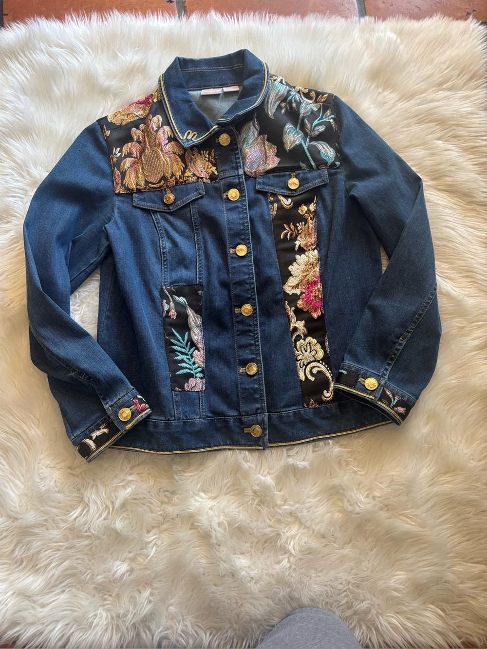 Chico's Dark Blue Denim Jacket with Multicolor Floral Embroidery